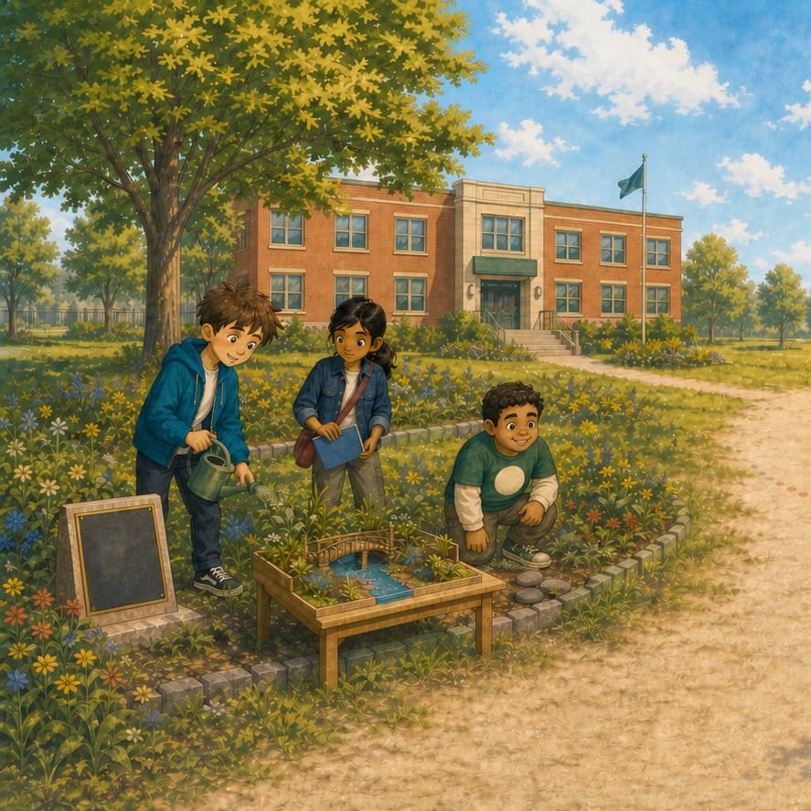 Sam and his friends working together in a garden outside their school.