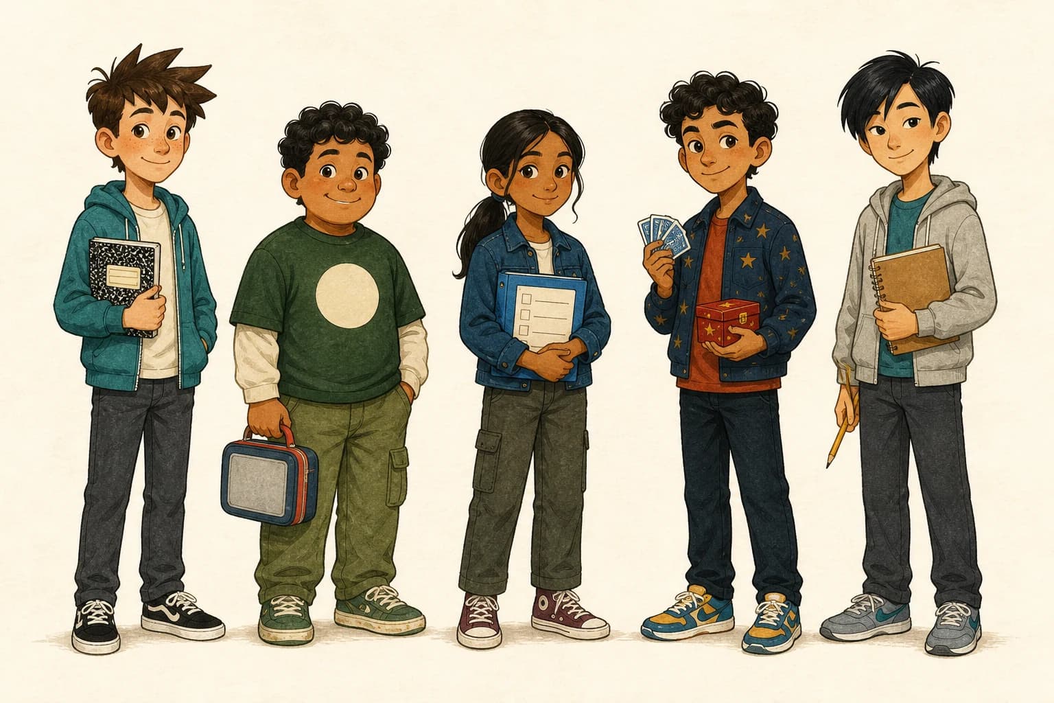 Sam, Ben, Mia, Omar, and Leo, the five main characters in The Very Bad Plan.