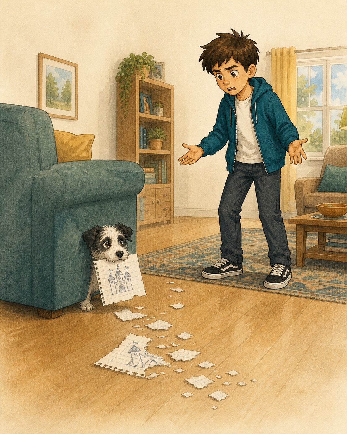 Pickles holding a torn drawing while Sam reacts to paper pieces across the living room