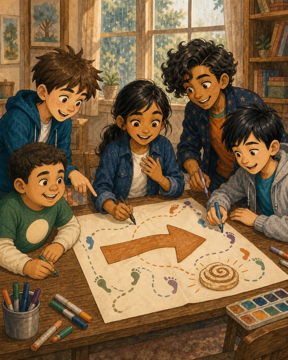Sam and his friends drawing a large orange arrow together at a classroom table.