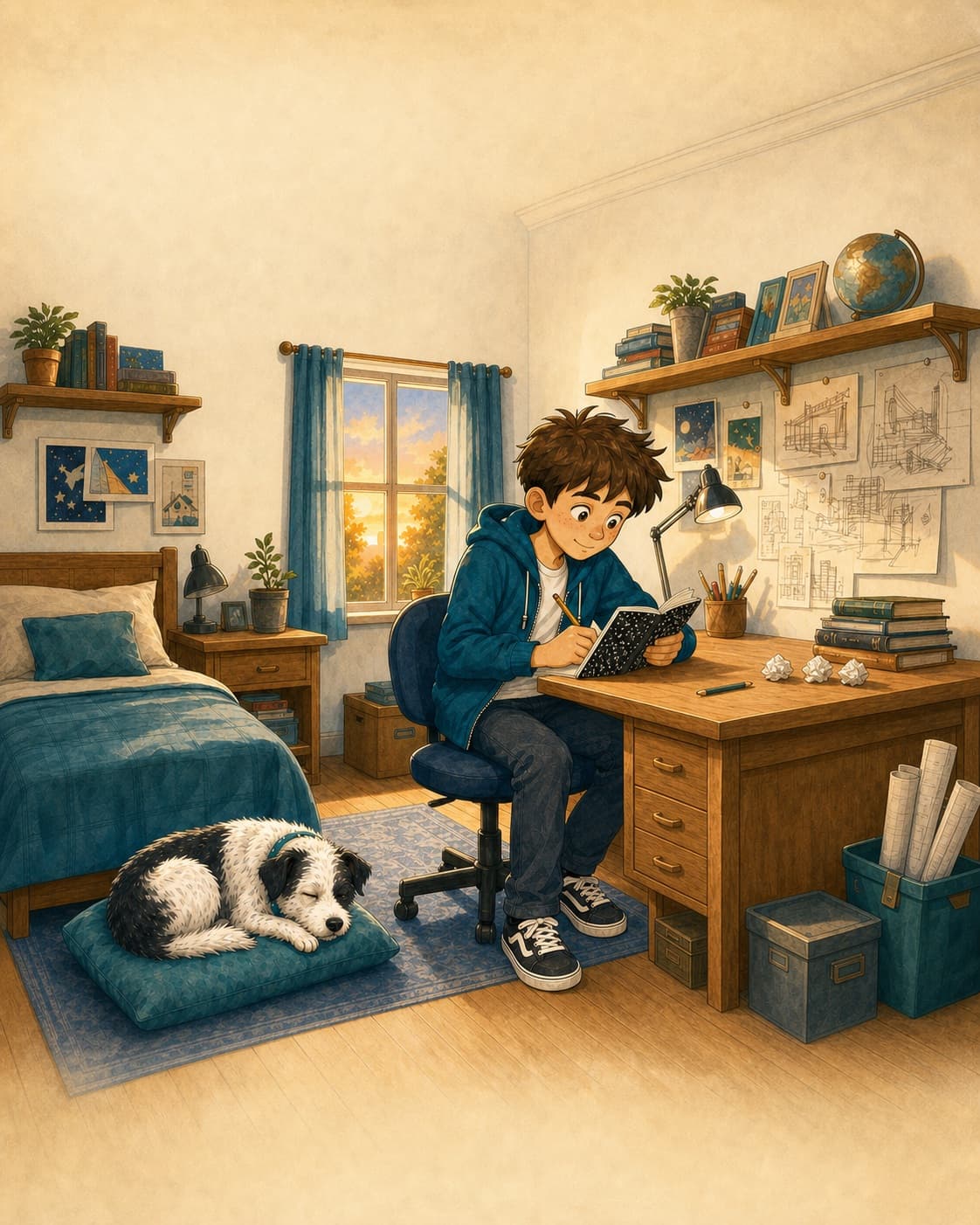 Sam Carter writing a plan in his notebook at a desk while a dog sleeps nearby.