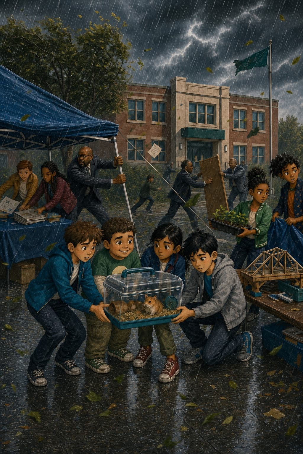 The five friends carrying their school project through heavy rain.