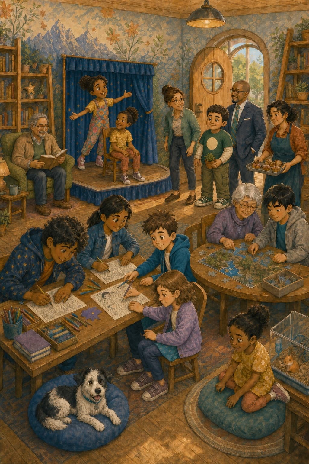 Students and adults gathered around the finished Story Lab in warm evening light.
